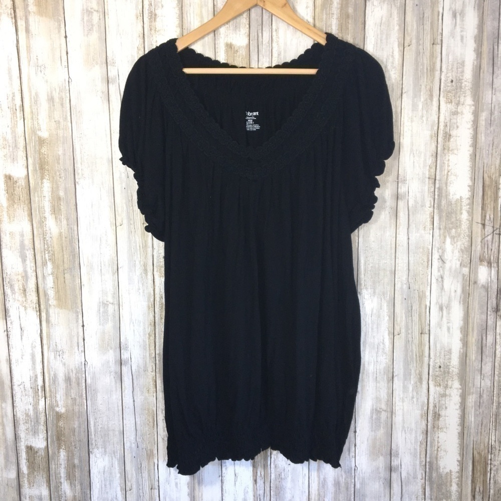 Lane Bryant Lace Trim Bubble Hem Blouse 26/28 Black Plus Size Top